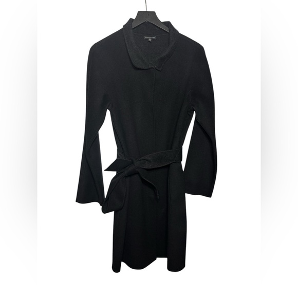 Eileen Fisher Wool Long Black Snap Button Tie Coat Jacket Size Medium Pockets